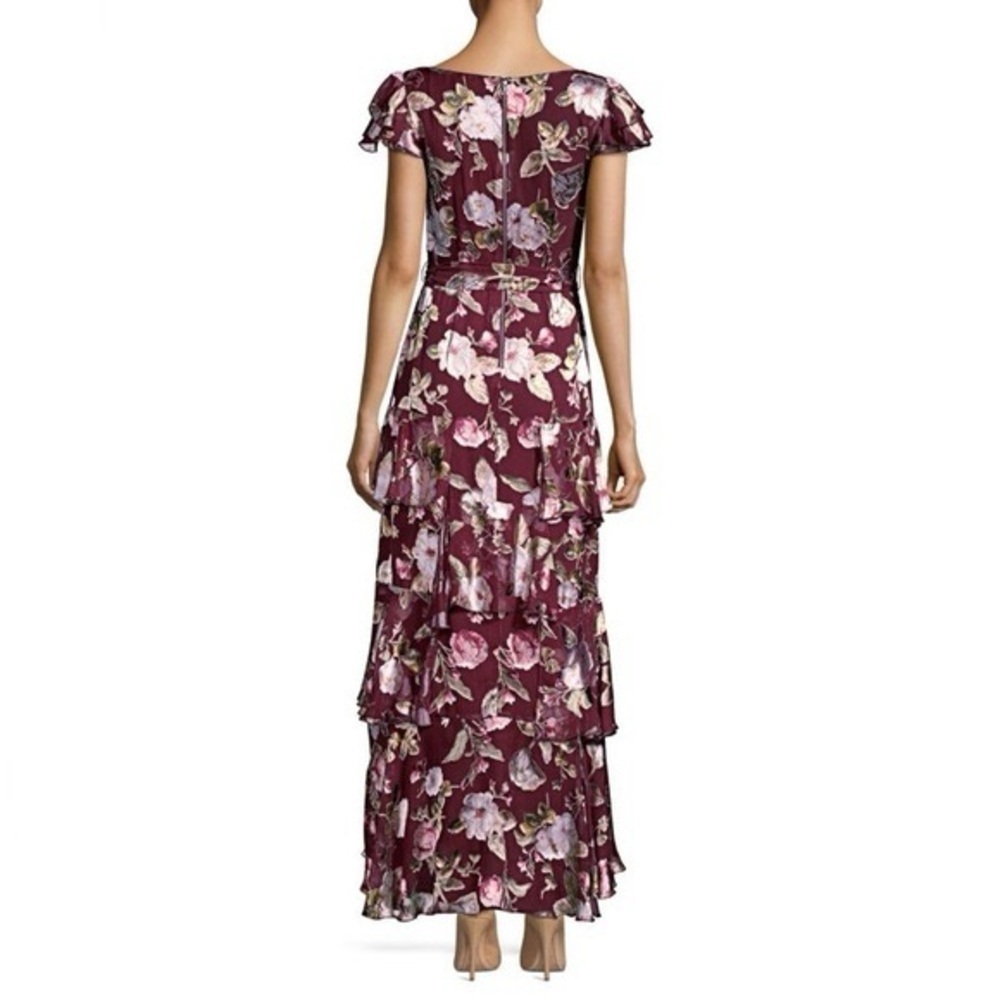 Alice + Olivia Jenny Flutter Sleeve Ruffle Dress Hazy Floral Wine Burgundy Red - Picture 2 of 6